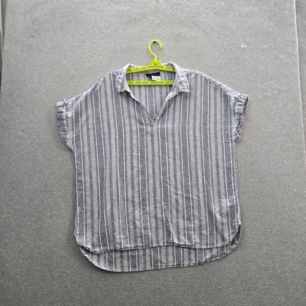 Tahari Women Blouse 1X Gray Cotton Linen Striped Button V-Neck Front
